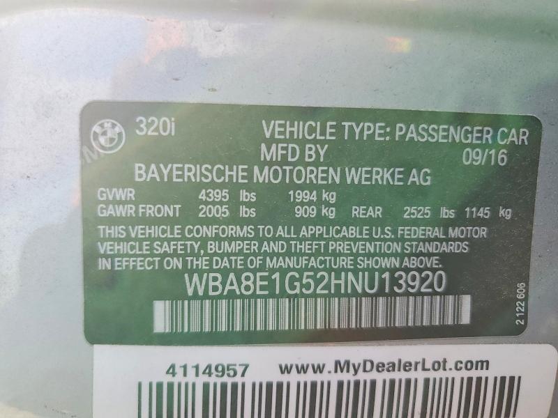 2017 Bmw 320 მანქანა იყიდება აუქციონზე, vin: WBA8E1G52HNU13920, აუქციონის ნომერი: 51191366