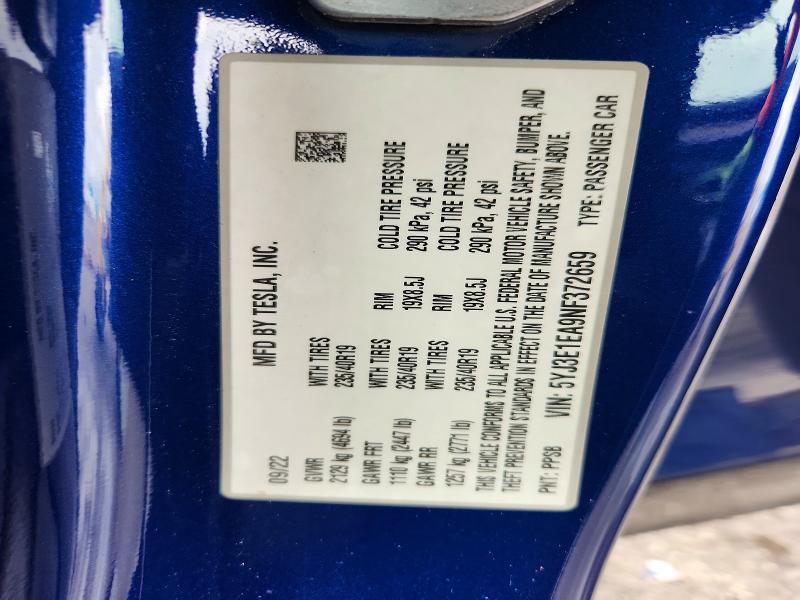 49275366 :رقم المزاد ، 5YJ3E1EA9NF372659 vin ، 2022 Tesla Model 3 مزاد بيع