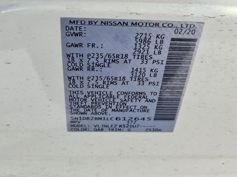 48507006 :رقم المزاد ، 5N1DR2BM1LC612645 vin ، 2020 Nissan Pathfinder مزاد بيع