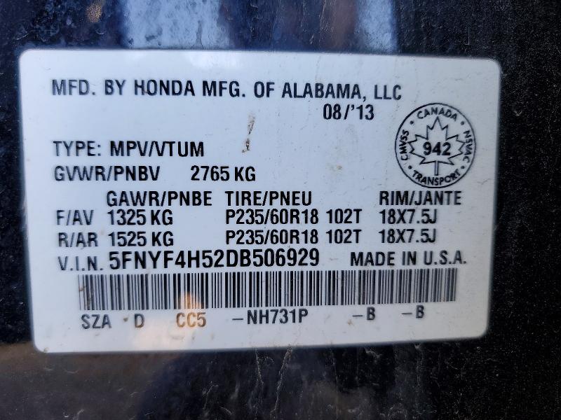 Продажа на аукционе авто 2013 Honda Pilot, vin: 5FNYF4H52DB506929, номер лота: 51097966