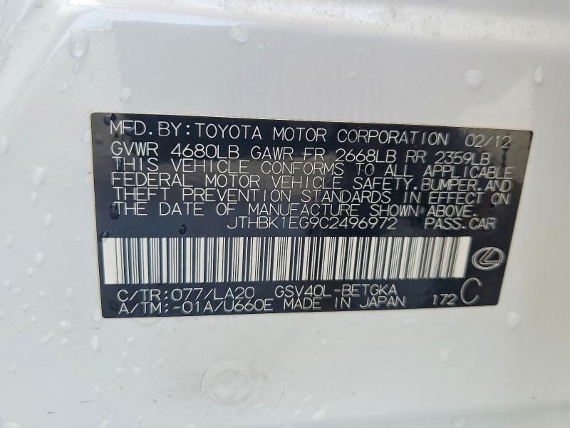 48827746 :رقم المزاد ، JTHBK1EG9C2496972 vin ، 2012 Lexus Es 350 مزاد بيع