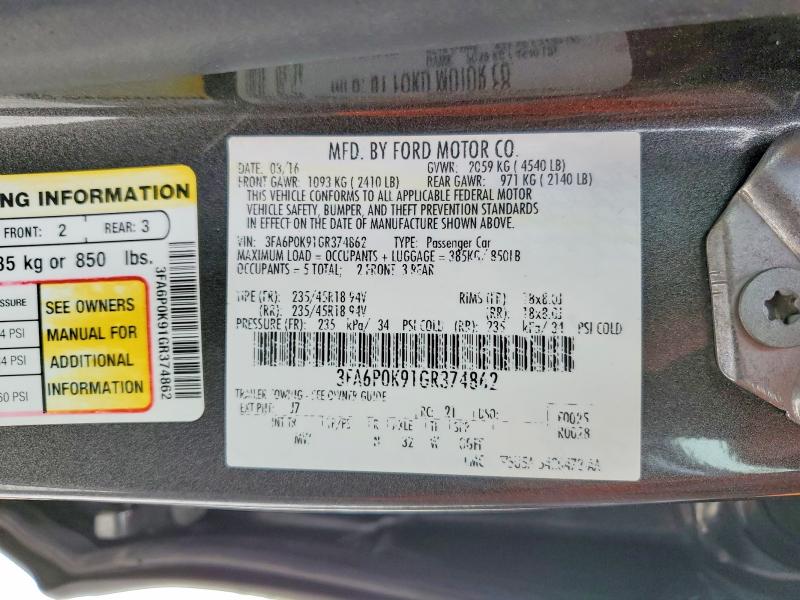 Aukcja sprzedaży 2016 Ford Fusion, vin: 3FA6P0K91GR374862, numer aukcji: 47923826
