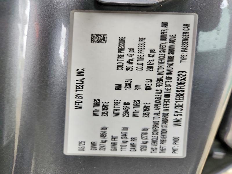2025 Tesla Model 3 მანქანა იყიდება აუქციონზე, vin: 5YJ3E1EB8SF066329, აუქციონის ნომერი: 49977066