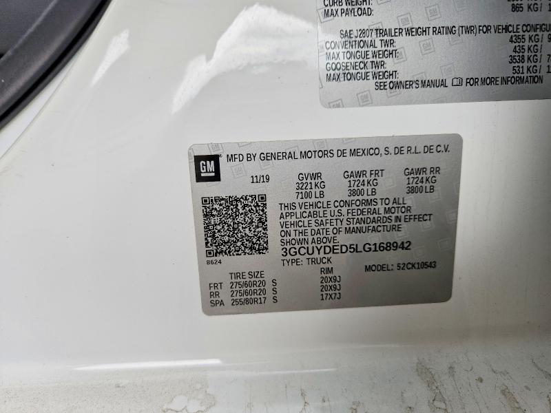 Продажа на аукционе авто 2020 Chevrolet Silverado, vin: 3GCUYDED5LG168942, номер лота: 50920286