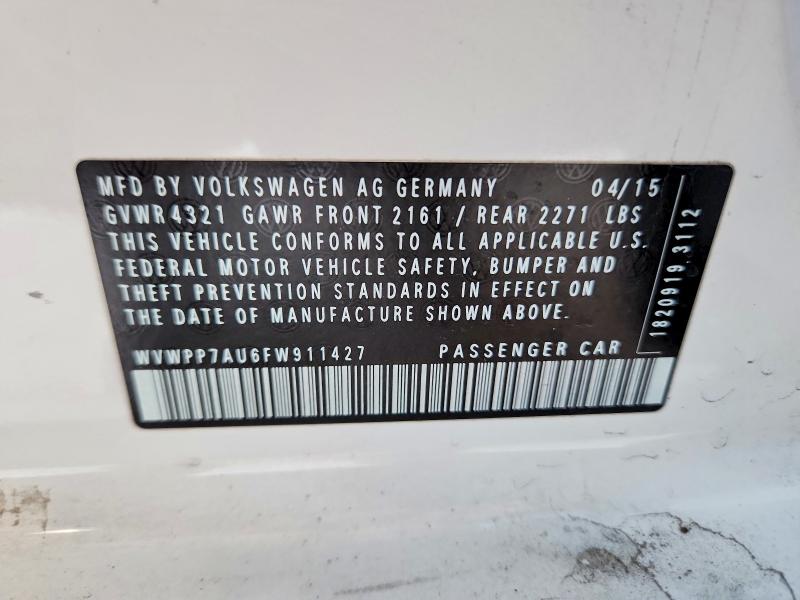 2015 Volkswagen E-golf მანქანა იყიდება აუქციონზე, vin: WVWPP7AU6FW911427, აუქციონის ნომერი: 50661126