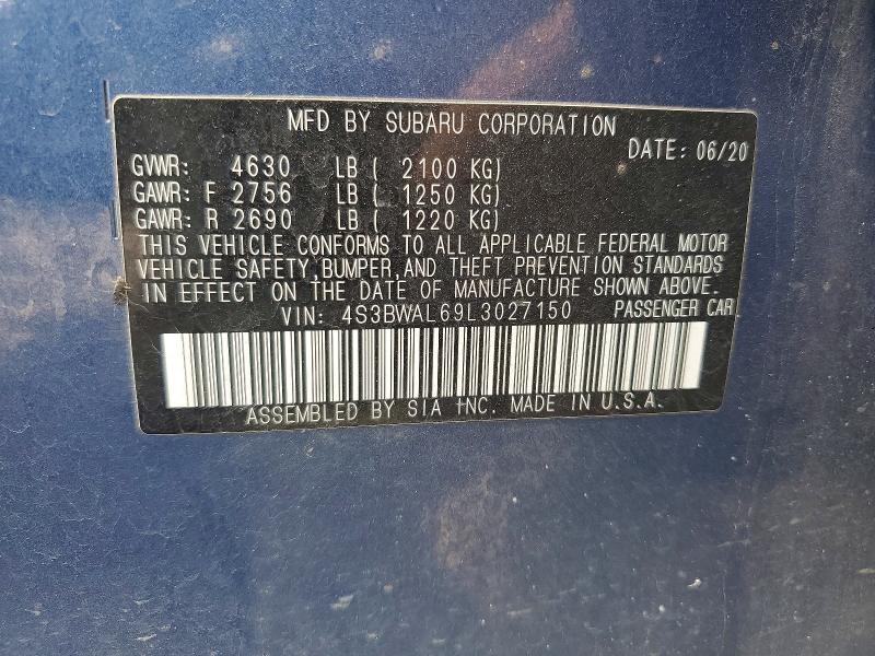 2020 Subaru Legacy მანქანა იყიდება აუქციონზე, vin: 4S3BWAL69L3027150, აუქციონის ნომერი: 49262276