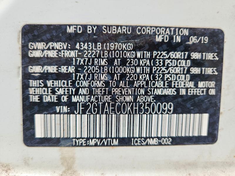 Aukcja sprzedaży 2019 Subaru Crosstrek, vin: JF2GTAEC0KH350099, numer aukcji: 48614616