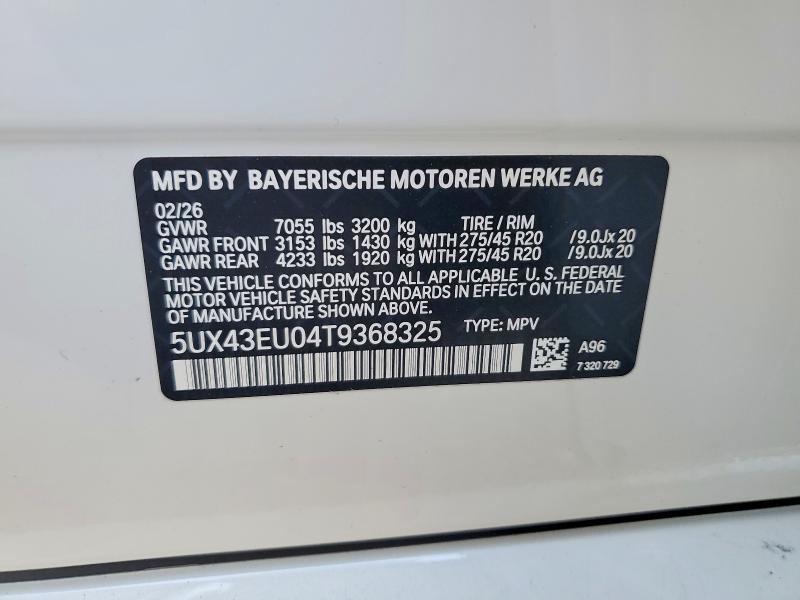 2026 Bmw X5 მანქანა იყიდება აუქციონზე, vin: 5UX43EU04T9368325, აუქციონის ნომერი: 49143456