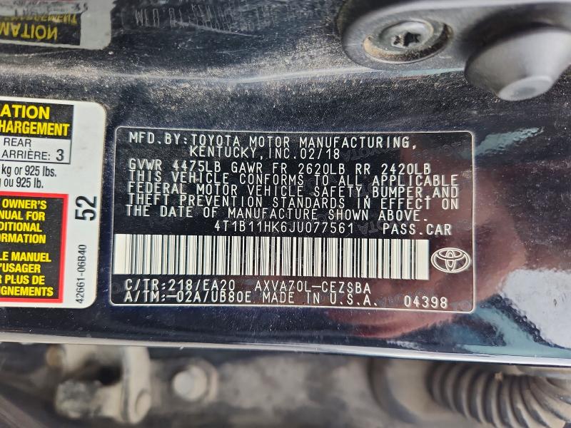 Продаж на аукціоні авто 2018 Toyota Camry, vin: 4T1B11HK6JU077561, номер лоту: 49656356