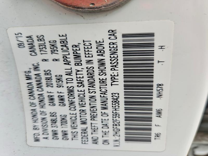Продаж на аукціоні авто 2015 Honda Civic, vin: 2HGFB2F59FH558423, номер лоту: 51034396