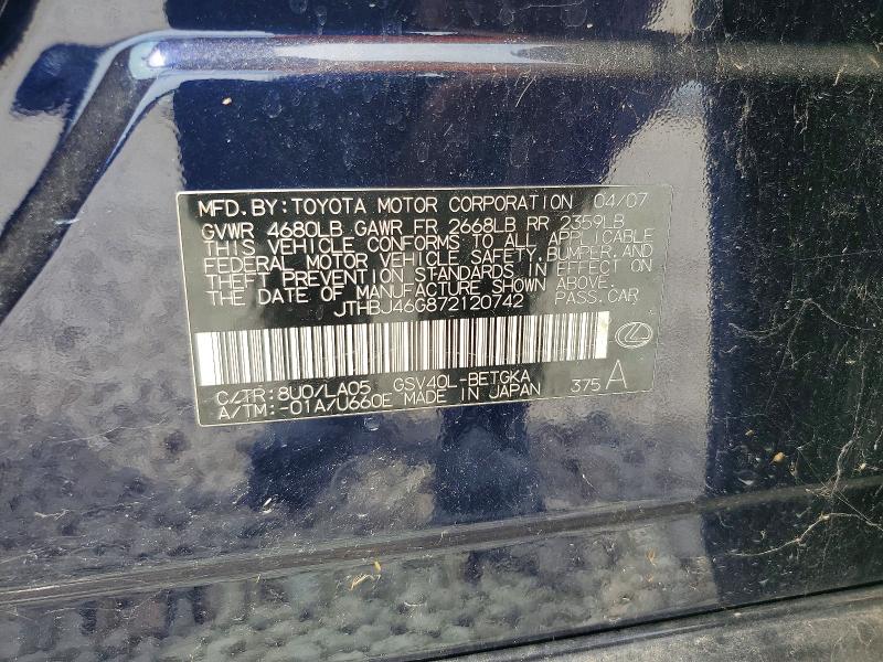 49165786 :رقم المزاد ، JTHBJ46G872120742 vin ، 2007 Lexus Es 350 مزاد بيع
