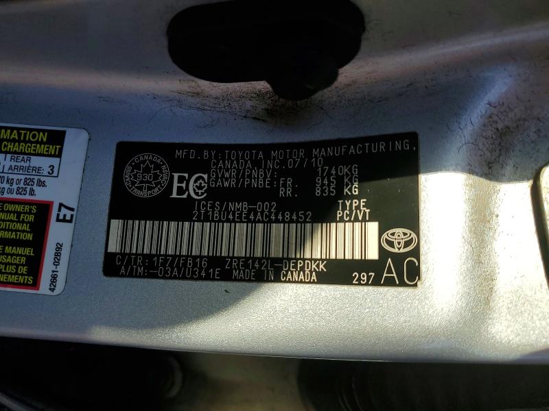 49936626 :رقم المزاد ، 2T1BU4EE4AC448452 vin ، 2010 Toyota Corolla Ce 4dr مزاد بيع