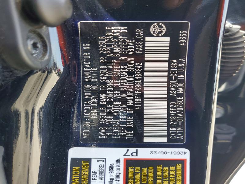Продажа на аукционе авто 2016 Toyota Camry, vin: 4T1BF1FK9GU187842, номер лота: 48547746