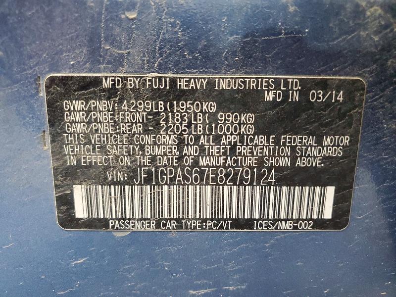 49581676 :رقم المزاد ، JF1GPAS67E8279124 vin ، 2014 Subaru Impreza مزاد بيع