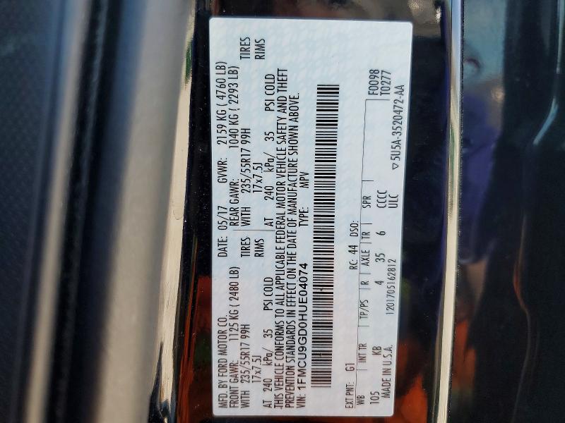 48536546 :رقم المزاد ، 1FMCU9GD0HUE04074 vin ، 2017 Ford Escape مزاد بيع