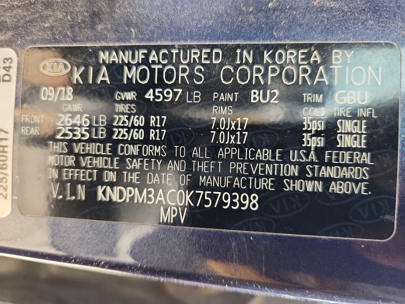 50272386 :رقم المزاد ، KNDPM3AC0K7579398 vin ، 2019 Kia Sportage 4d Ex مزاد بيع