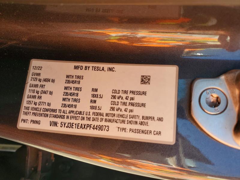 Продажа на аукционе авто 2023 Tesla Model 3, vin: 5YJ3E1EAXPF449073, номер лота: 49512996