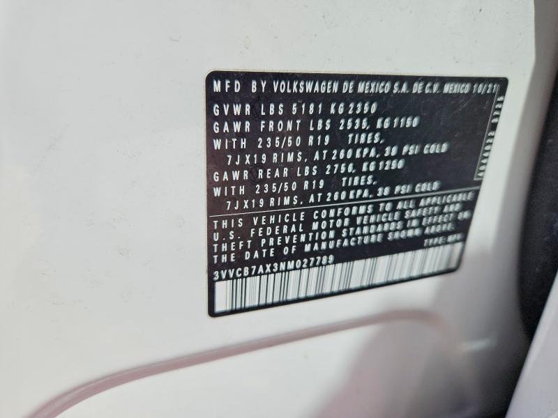 Продаж на аукціоні авто 2022 Volkswagen Tiguan, vin: 3VVCB7AX3NM027789, номер лоту: 51561556