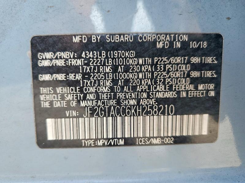 49314836 :رقم المزاد ، JF2GTACC6KH258210 vin ، 2019 Subaru Crosstrek مزاد بيع