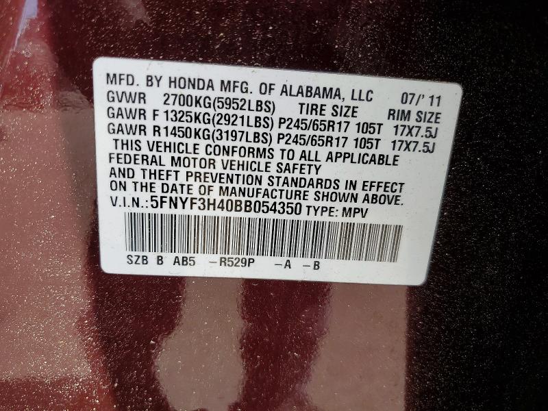 50153966 :رقم المزاد ، 5FNYF3H40BB054350 vin ، 2011 Honda Pilot مزاد بيع