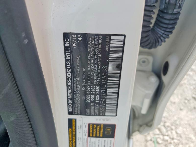 2017 Mercedes-benz C მანქანა იყიდება აუქციონზე, vin: 55SWF4JB7HU189533, აუქციონის ნომერი: 50527506