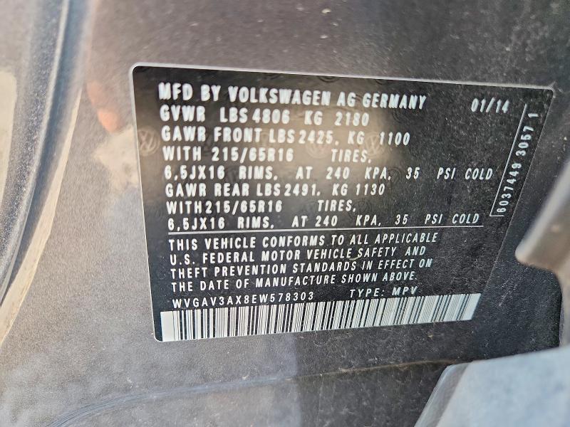 Aukcja sprzedaży 2014 Volkswagen Tiguan, vin: WVGAV3AX8EW578303, numer aukcji: 50506896