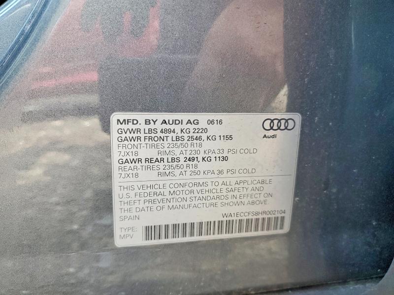 51725936 :رقم المزاد ، WA1ECCFS8HR002104 vin ، 2017 Audi Q3 مزاد بيع