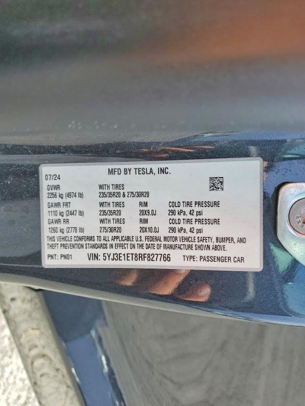 Продаж на аукціоні авто 2024 Tesla Model 3, vin: 5YJ3E1ET8RF827766, номер лоту: 48531746
