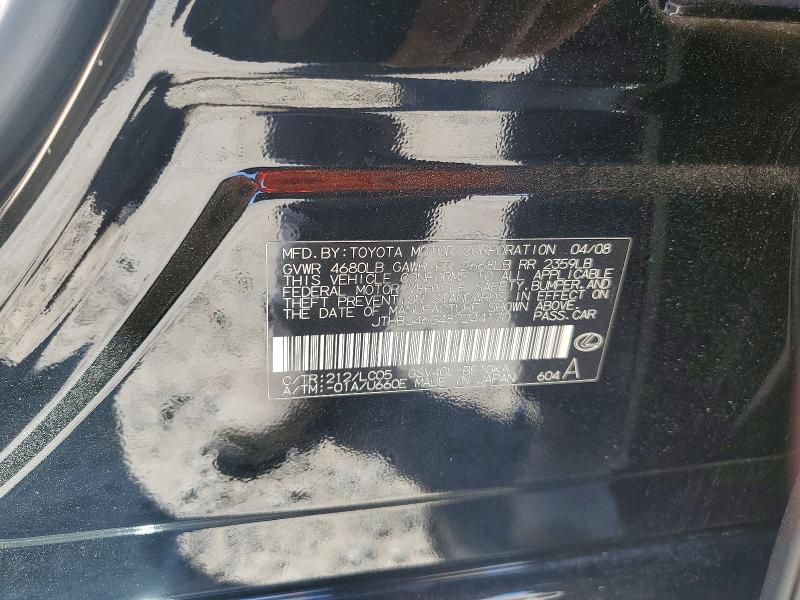 2008 Lexus Es მანქანა იყიდება აუქციონზე, vin: JTHBJ46G482244170, აუქციონის ნომერი: 50723146