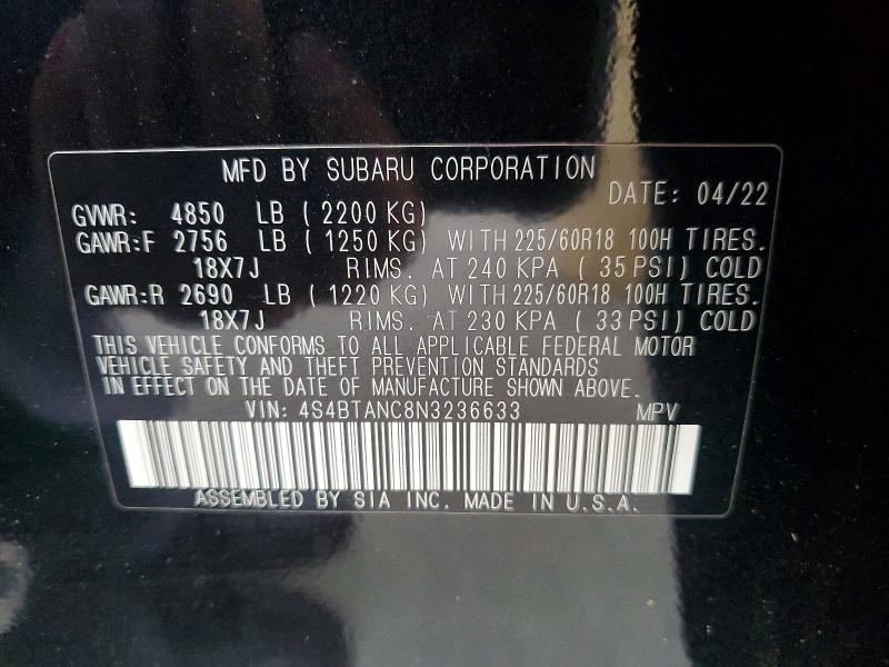 Aukcja sprzedaży 2022 Subaru Outback, vin: 4S4BTANC8N3236633, numer aukcji: 48311616