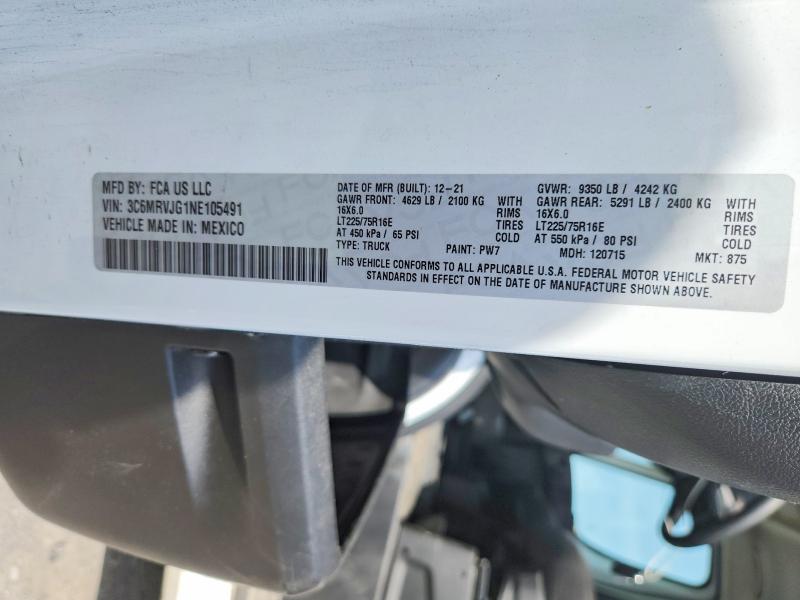 48791286 :رقم المزاد ، 3C6MRVJG1NE105491 vin ، 2022 Ram Promaster 3500 مزاد بيع
