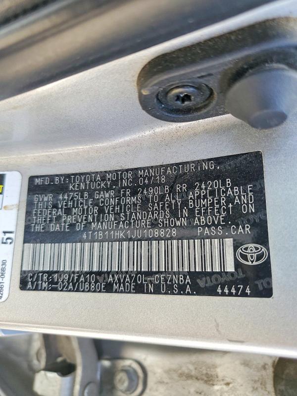 2018 Toyota Camry მანქანა იყიდება აუქციონზე, vin: 4T1B11HK1JU108828, აუქციონის ნომერი: 51442666