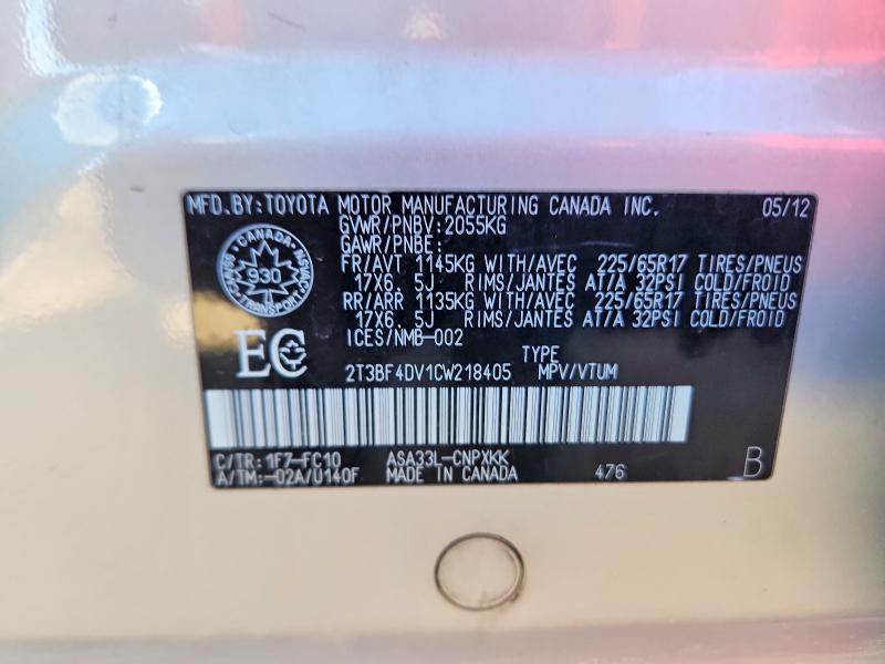 Aukcja sprzedaży 2012 Toyota Rav4, vin: 2T3BF4DV1CW218405, numer aukcji: 49930516