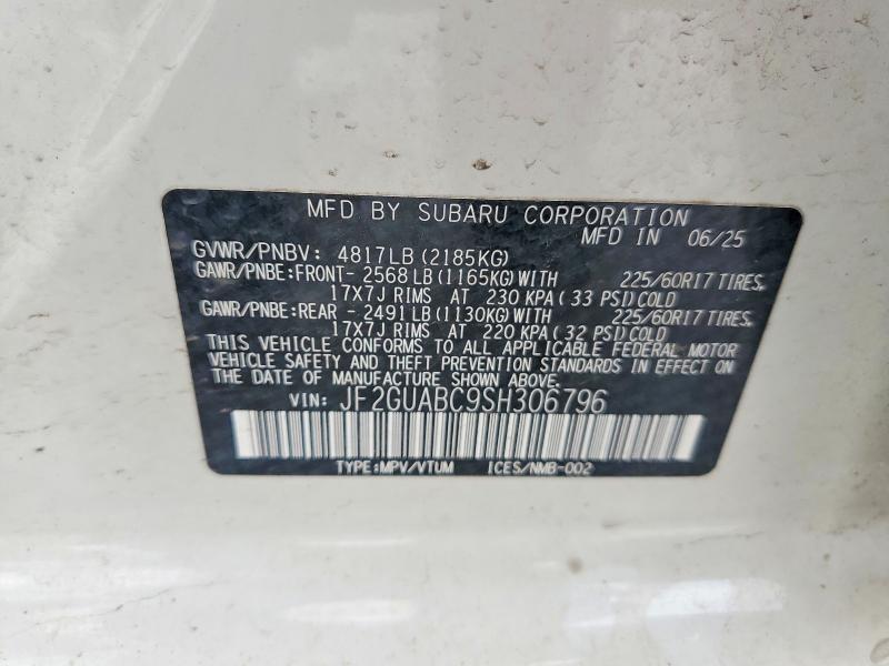 48813516 :رقم المزاد ، JF2GUABC9SH306796 vin ، 2025 Subaru Crosstrek مزاد بيع