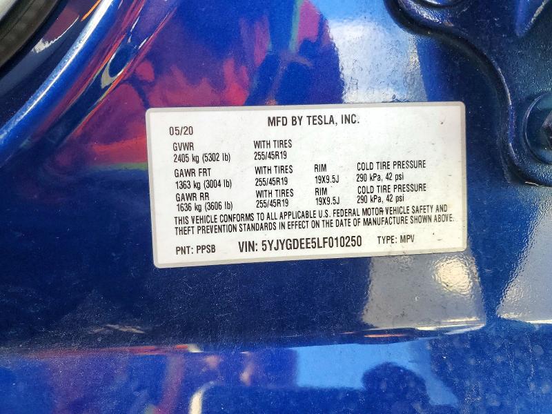 49278276 :رقم المزاد ، 5YJYGDEE5LF010250 vin ، 2020 Tesla Model Y مزاد بيع