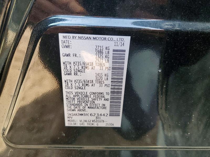 2015 Niss Pathfinder მანქანა იყიდება აუქციონზე, vin: 5N1AR2MM3FC623442, აუქციონის ნომერი: 49302726