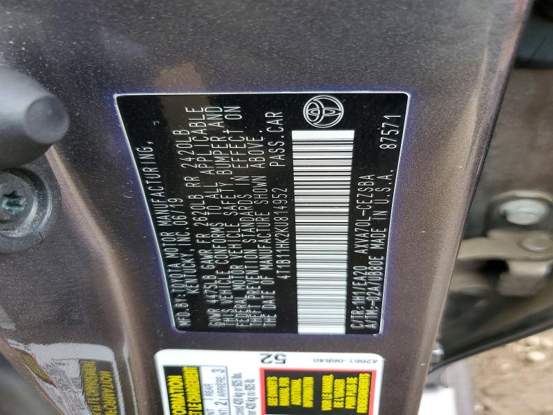Auction sale of the 2019 Toyota Camry, vin: 4T1B11HK2KU814952, lot number: 51968786
