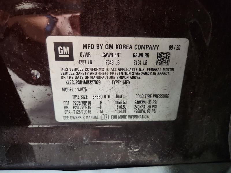 Auction sale of the 2021 Chevrolet Trax, vin: KL7CJPSB1MB327029, lot number: 51464466