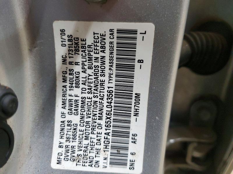 2006 Honda Civic მანქანა იყიდება აუქციონზე, vin: 1HGFA165X6L043561, აუქციონის ნომერი: 49383426