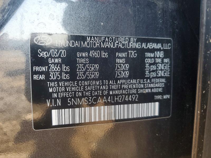 50814406 :رقم المزاد ، 5NMS3CAA4LH274492 vin ، 2020 Hyundai Santa Fe مزاد بيع