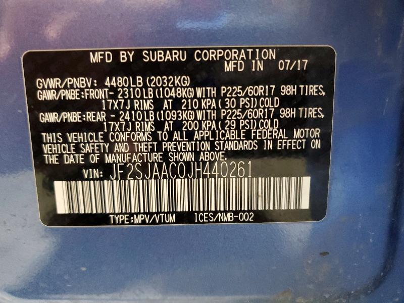 2018 Subaru Forester მანქანა იყიდება აუქციონზე, vin: JF2SJAAC0JH440261, აუქციონის ნომერი: 49861156