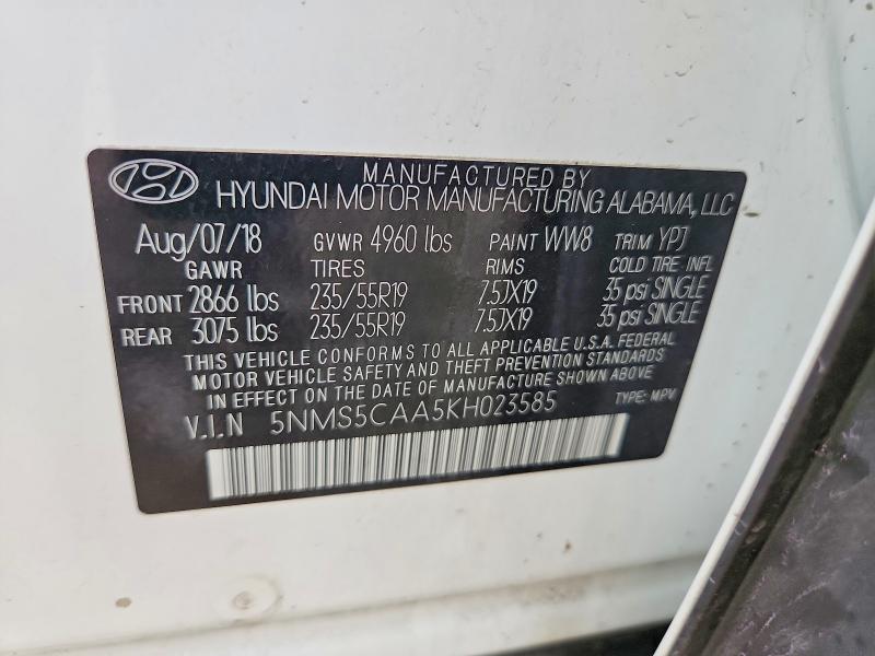 Aukcja sprzedaży 2019 Hyundai Santa Fe, vin: 5NMS5CAA5KH023585, numer aukcji: 48506216