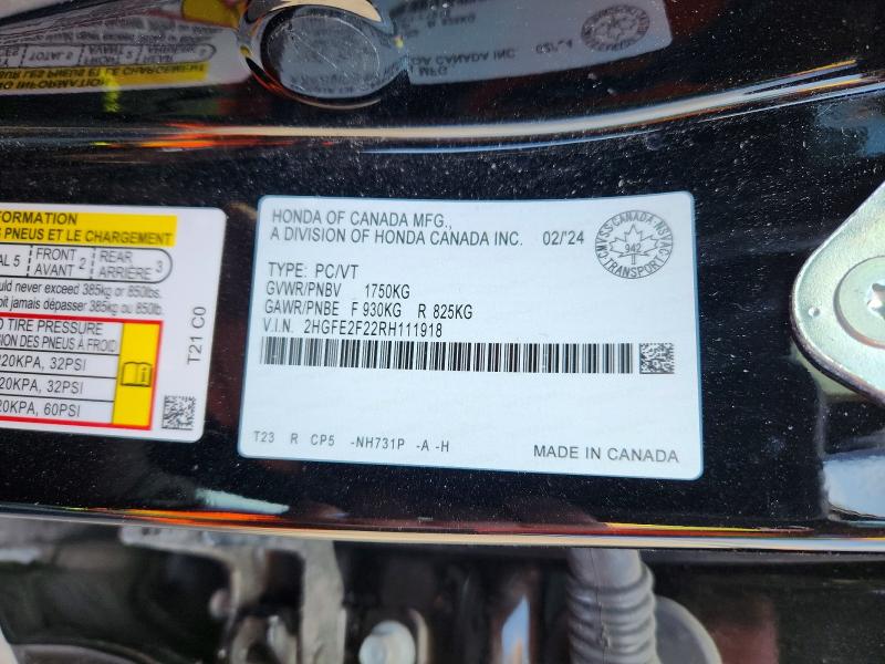 Aukcja sprzedaży 2024 Honda Civic, vin: 2HGFE2F22RH111918, numer aukcji: 50710976