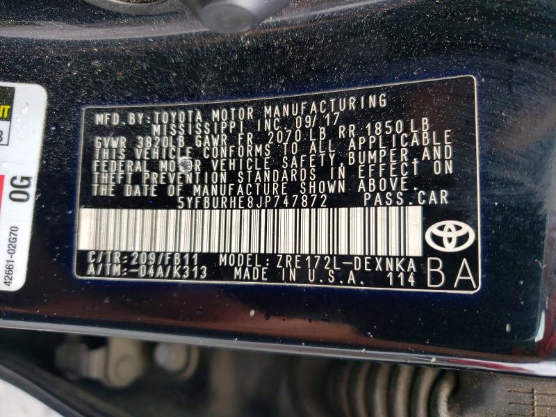 Aukcja sprzedaży 2018 Toyota Corolla, vin: 5YFBURHE8JP747872, numer aukcji: 48474186