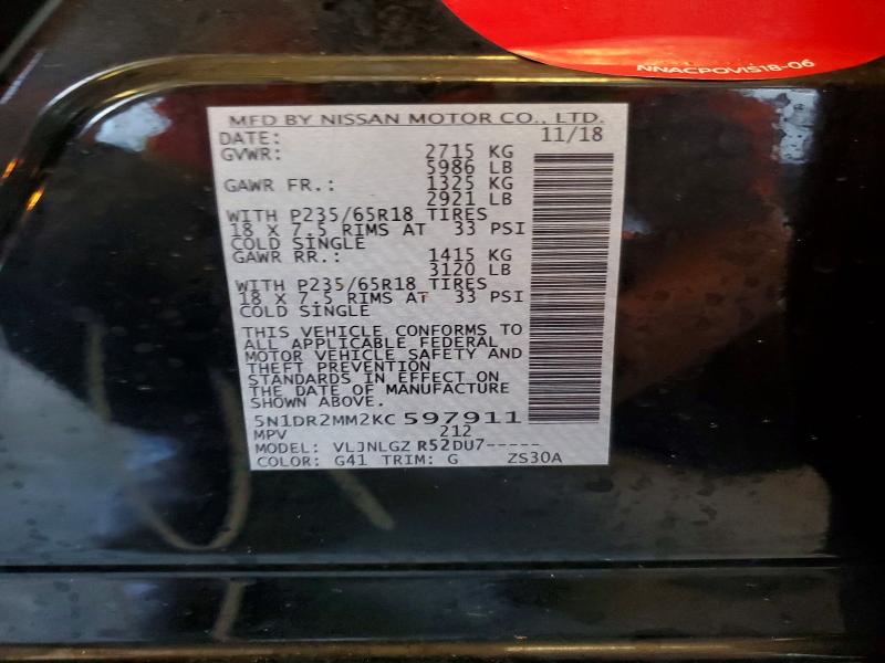 50838976 :رقم المزاد ، 5N1DR2MM2KC597911 vin ، 2019 Nissan Pathfinder مزاد بيع