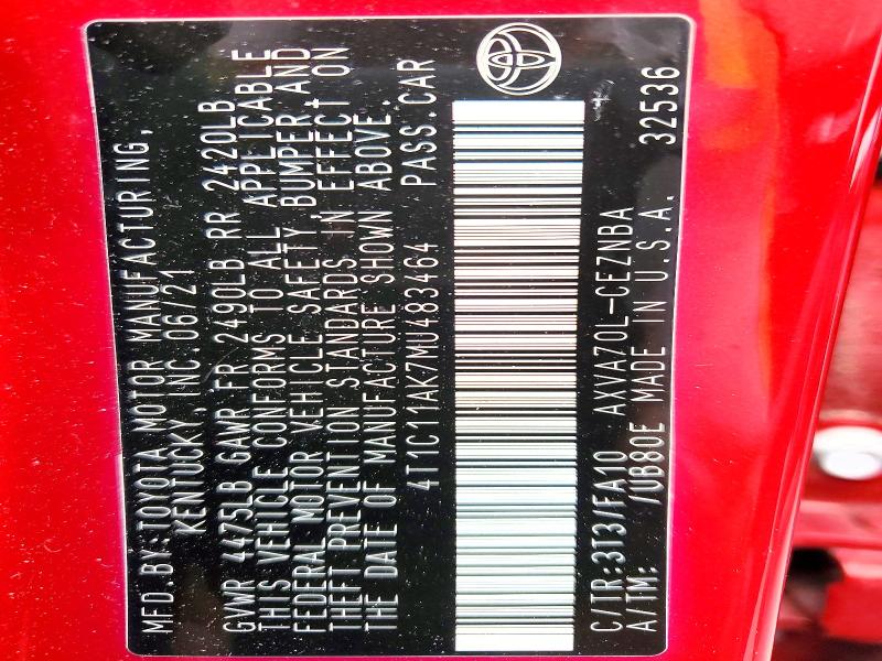 2021 Toyota Camry მანქანა იყიდება აუქციონზე, vin: 4T1C11AK7MU483464, აუქციონის ნომერი: 51669226
