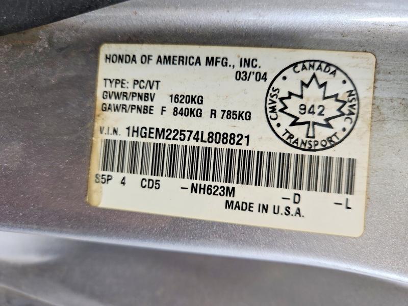 2004 Honda Civic მანქანა იყიდება აუქციონზე, vin: 1HGEM22574L808821, აუქციონის ნომერი: 46344536