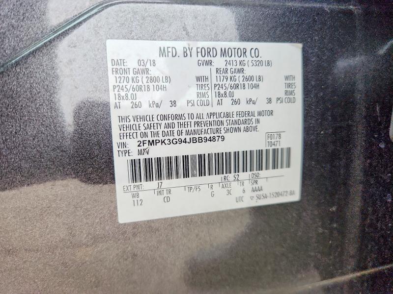 51675506 :رقم المزاد ، 2FMPK3G94JBB94879 vin ، 2018 Ford Edge مزاد بيع