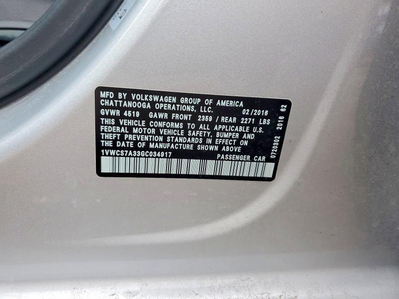48393716 :رقم المزاد ، 1VWCS7A33GC034917 vin ، 2016 Volkswagen Passat مزاد بيع