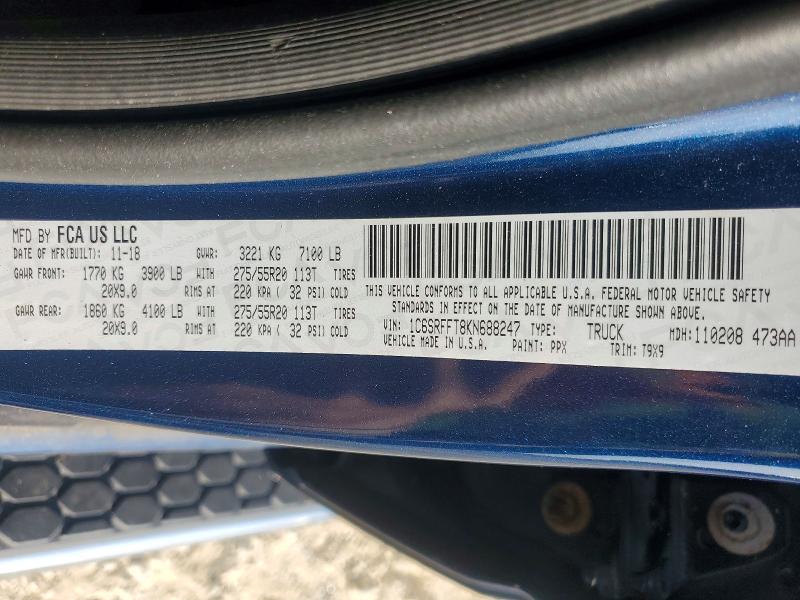 49171196 :رقم المزاد ، 1C6SRFFT8KN688247 vin ، 2019 Ram 1500 مزاد بيع